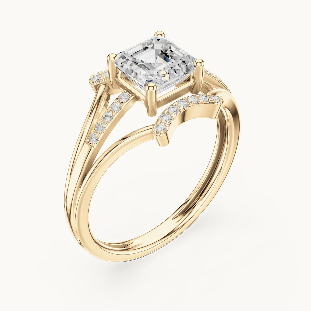 Square emerald-cut and round lab-grown diamond split shank engagement ring in yellow gold, 1.20 CT TW, view 2