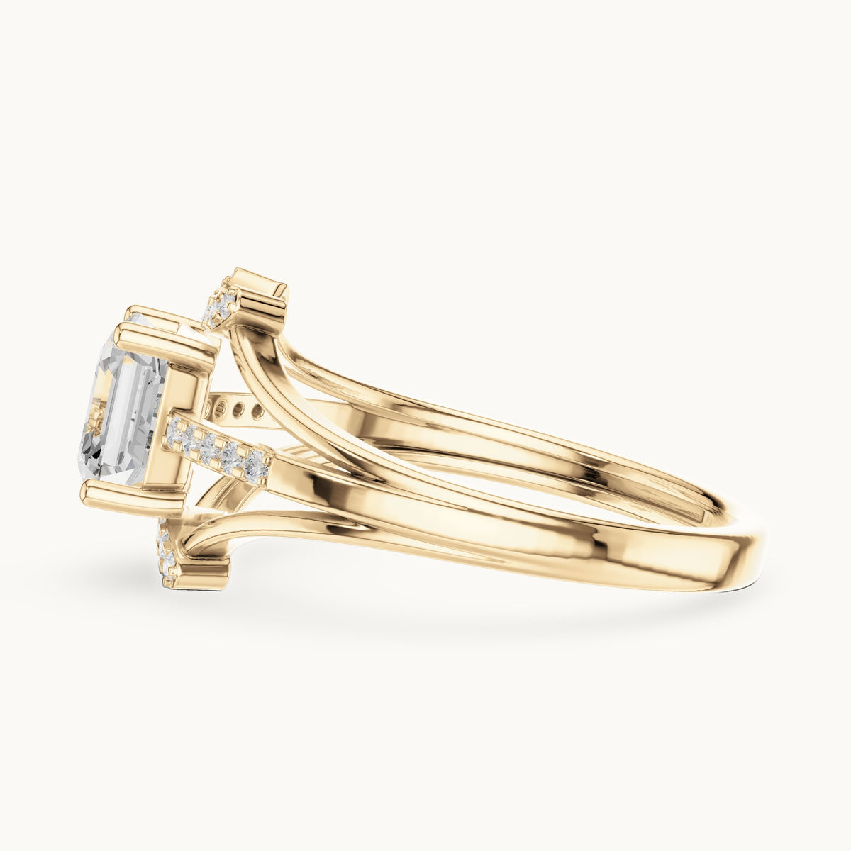 Square emerald-cut and round lab-grown diamond split shank engagement ring in yellow gold, 1.20 CT TW, view 3