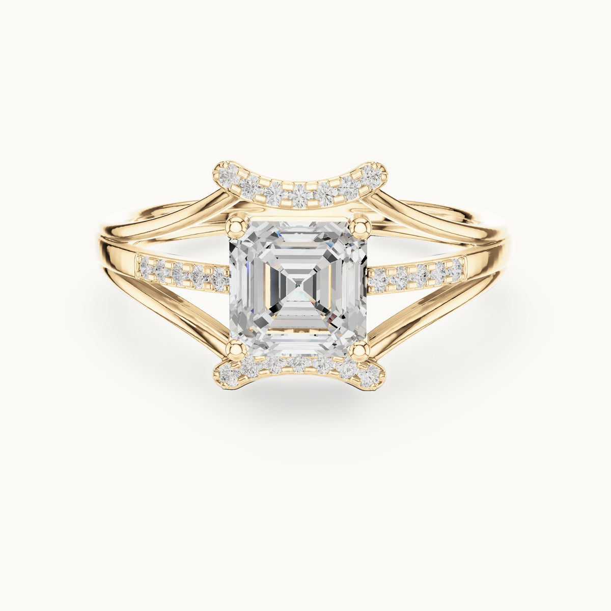 Square emerald-cut and round lab-grown diamond split shank engagement ring in yellow gold, 1.20 CT TW, view 4