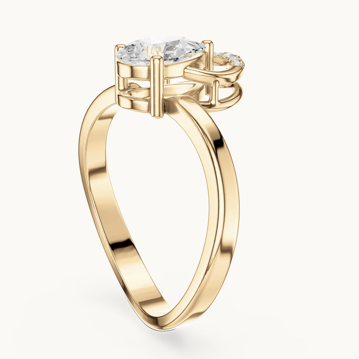 Pear and round lab-grown diamond sculpted bypass engagement ring in yellow gold, 0.776 CT TW, view 1