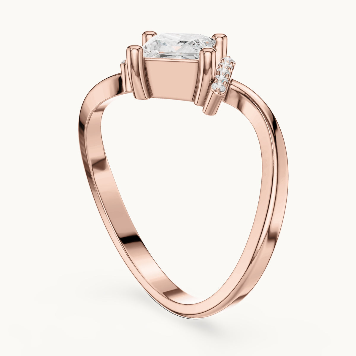 Princess-cut and round lab-grown diamond bypass engagement ring in rose gold, 0.73 CT TW, view 1