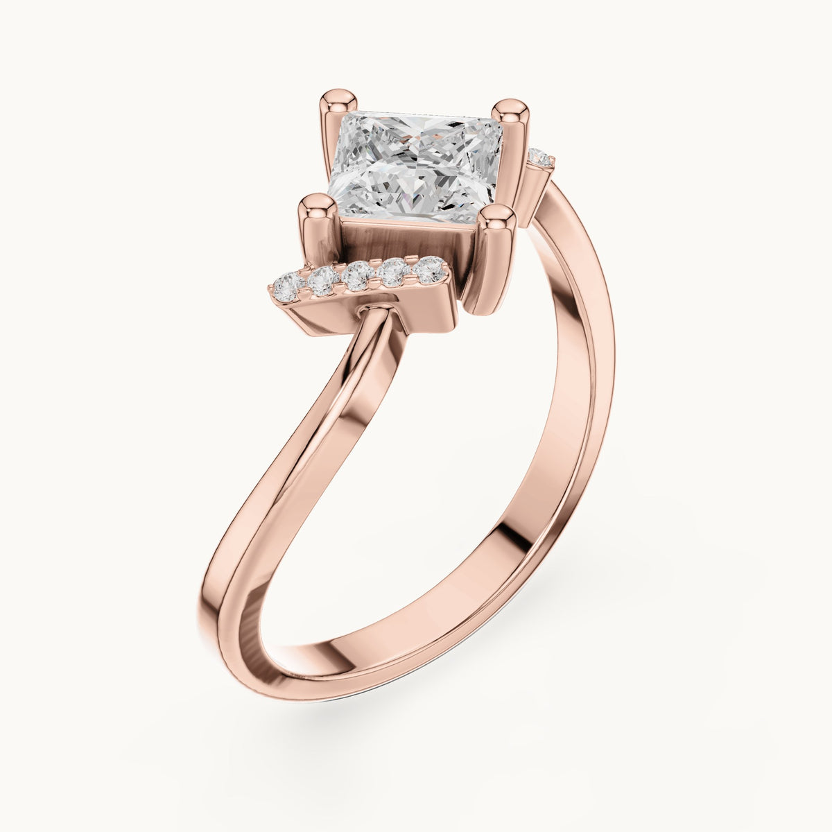 Princess-cut and round lab-grown diamond bypass engagement ring in rose gold, 0.73 CT TW, view 2