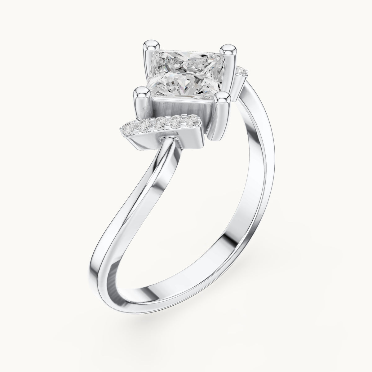 Princess-cut and round lab-grown diamond bypass engagement ring in white gold, 0.73 CT TW, view 2
