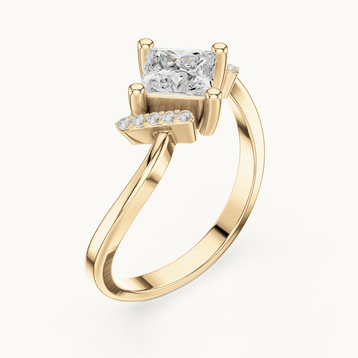 Princess-cut and round lab-grown diamond bypass engagement ring in yellow gold, 0.73 CT TW, view 2