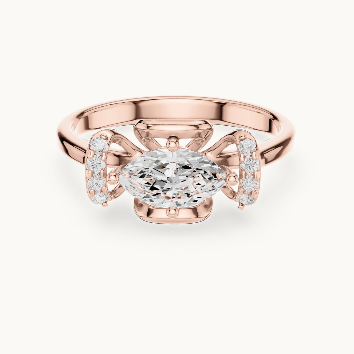 Marquise and round lab-grown diamond east-west bow engagement ring in rose gold, 0.75 CT TW, view 4