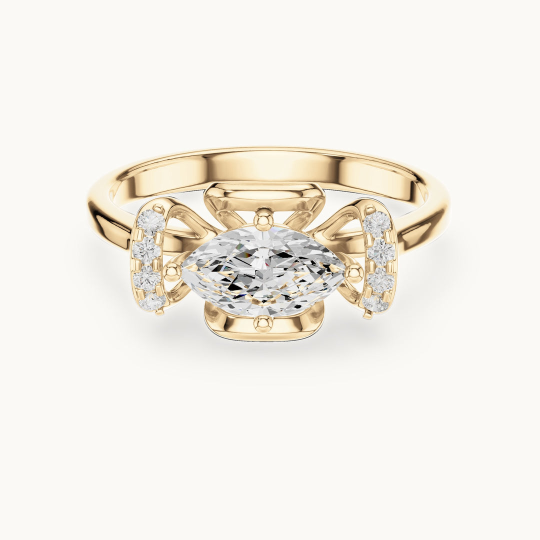 Marquise and round lab-grown diamond east-west bow engagement ring in yellow gold, 0.75 CT TW, view 4