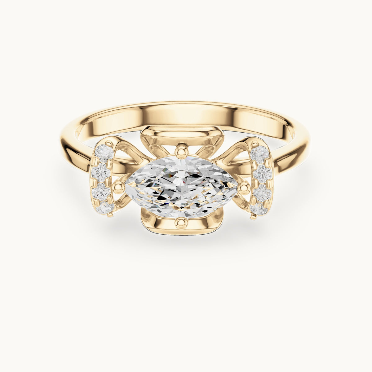 Marquise and round lab-grown diamond east-west bow engagement ring in yellow gold, 0.75 CT TW, view 4