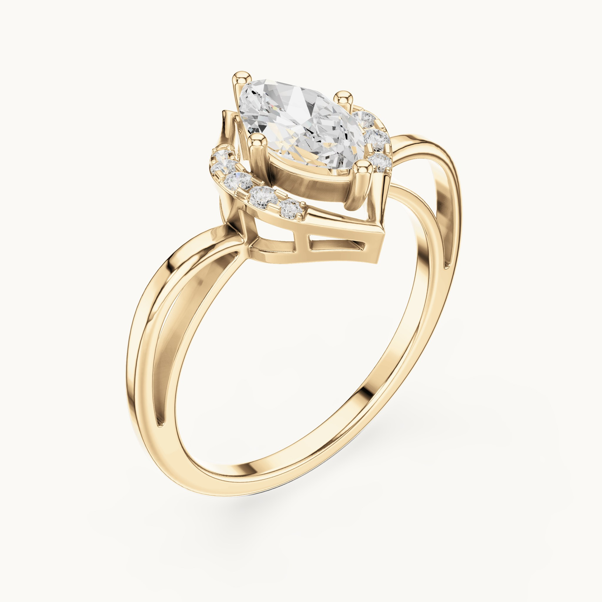 Marquise lab-grown diamond halo bypass engagement ring in 14K yellow gold, 0.88 CT TW, view 2