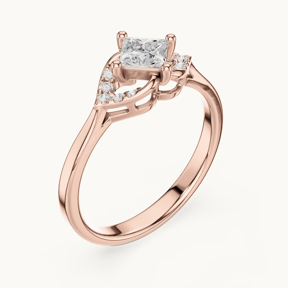 Princess-cut lab-grown diamond compass set engagement ring with accent wings in rose gold, 0.46 CT TW, view 2