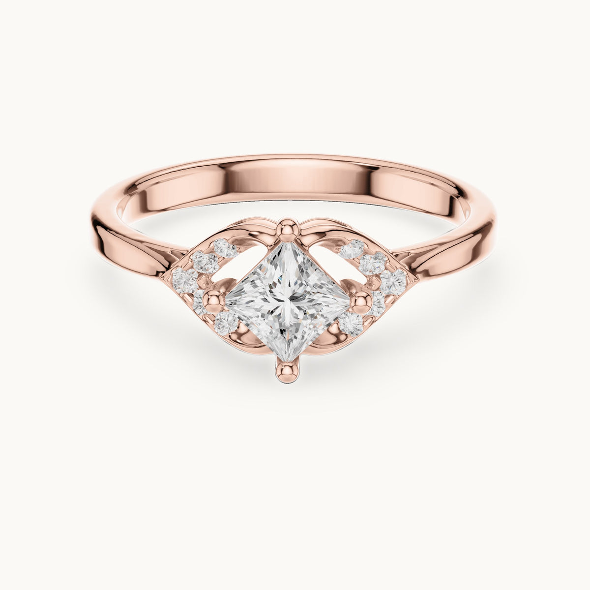Princess-cut lab-grown diamond compass set engagement ring with accent wings in rose gold, 0.46 CT TW, view 4