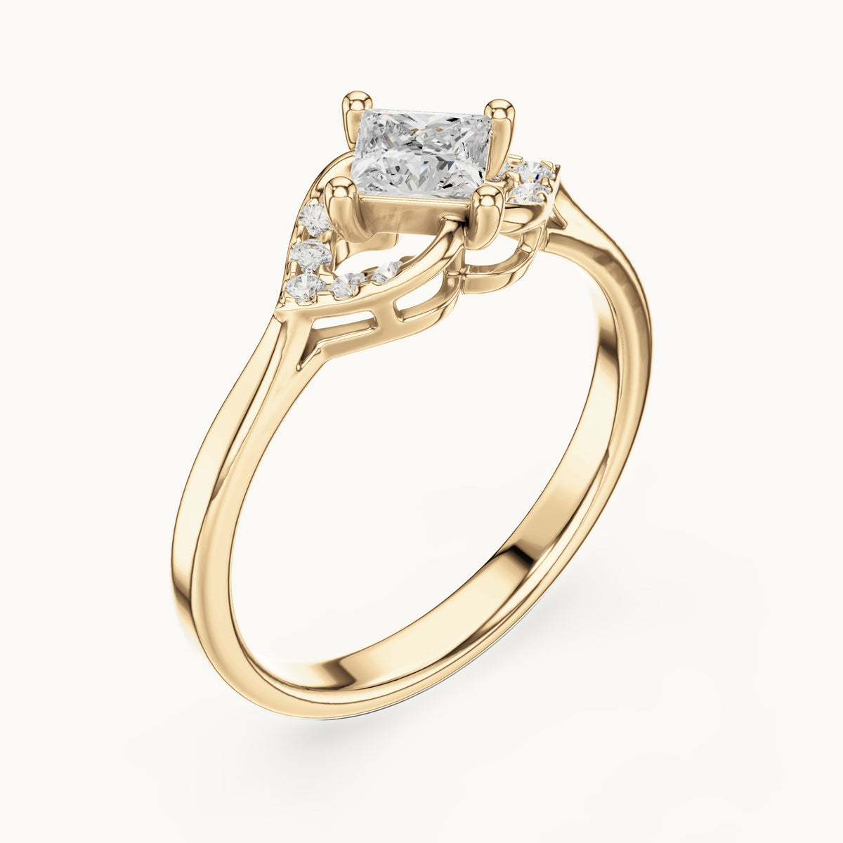 Princess-cut lab-grown diamond compass set engagement ring with accent wings in yellow gold, 0.46 CT TW, view 2
