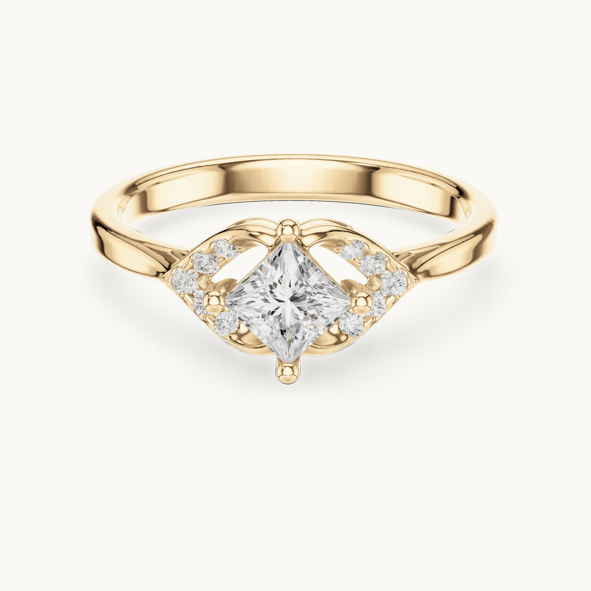 Princess-cut lab-grown diamond compass set engagement ring with accent wings in yellow gold, 0.46 CT TW, view 4
