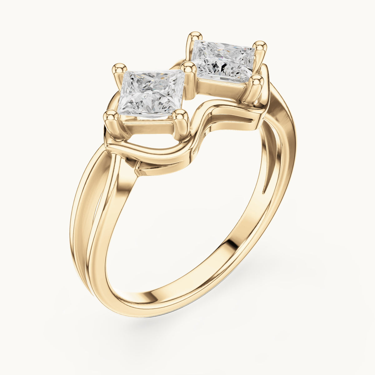 Princess-cut lab-grown diamond two-stone toi et moi ring in yellow gold, 0.93 CT TW, view 2