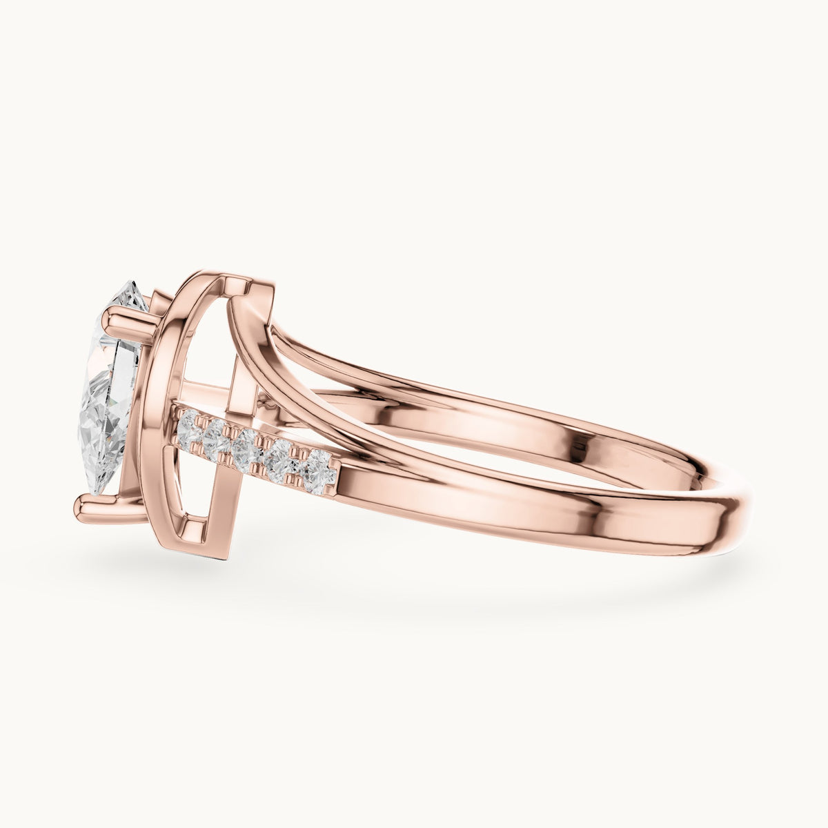 Pear lab-grown diamond bezel-set engagement ring with pavé band in rose gold, 0.90 CT TW, view 3