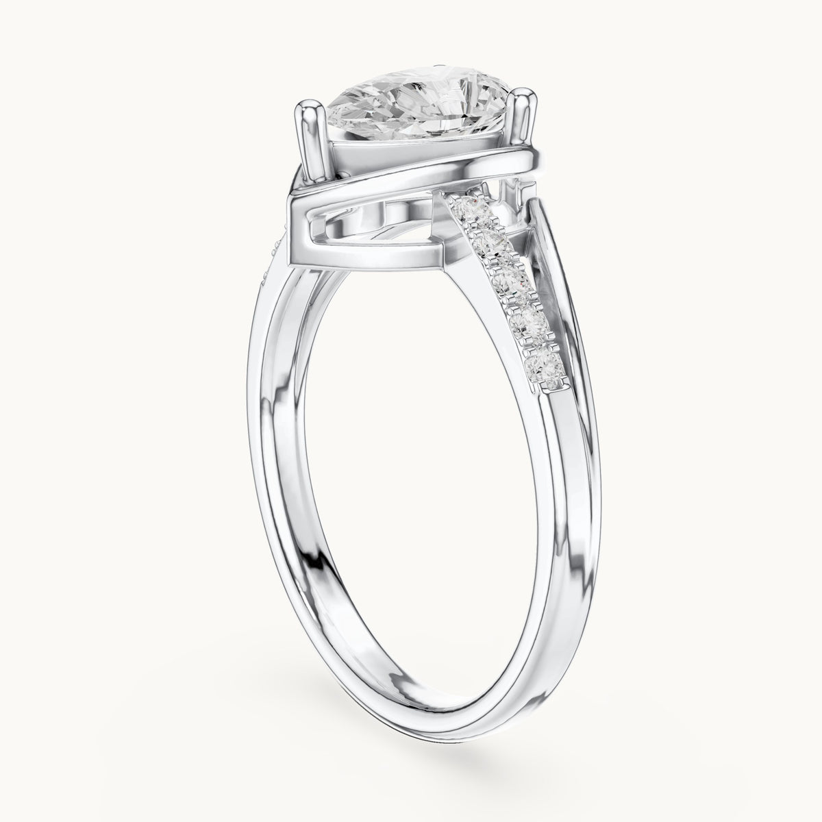 Pear lab-grown diamond bezel-set engagement ring with pavé band in white gold, 0.90 CT TW, view 1