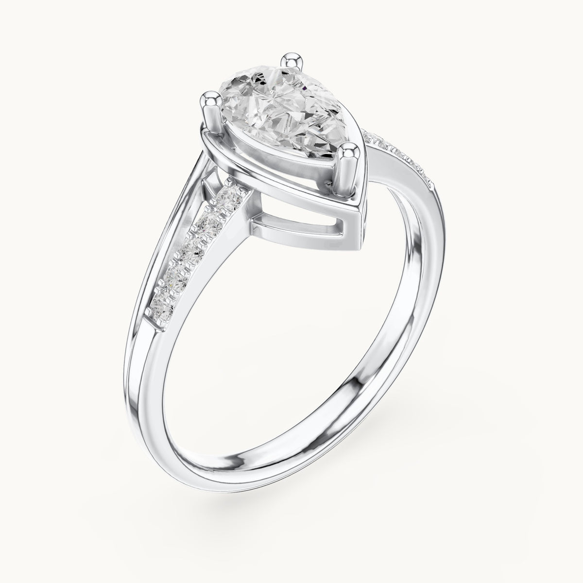Pear lab-grown diamond bezel-set engagement ring with pavé band in white gold, 0.90 CT TW, view 2