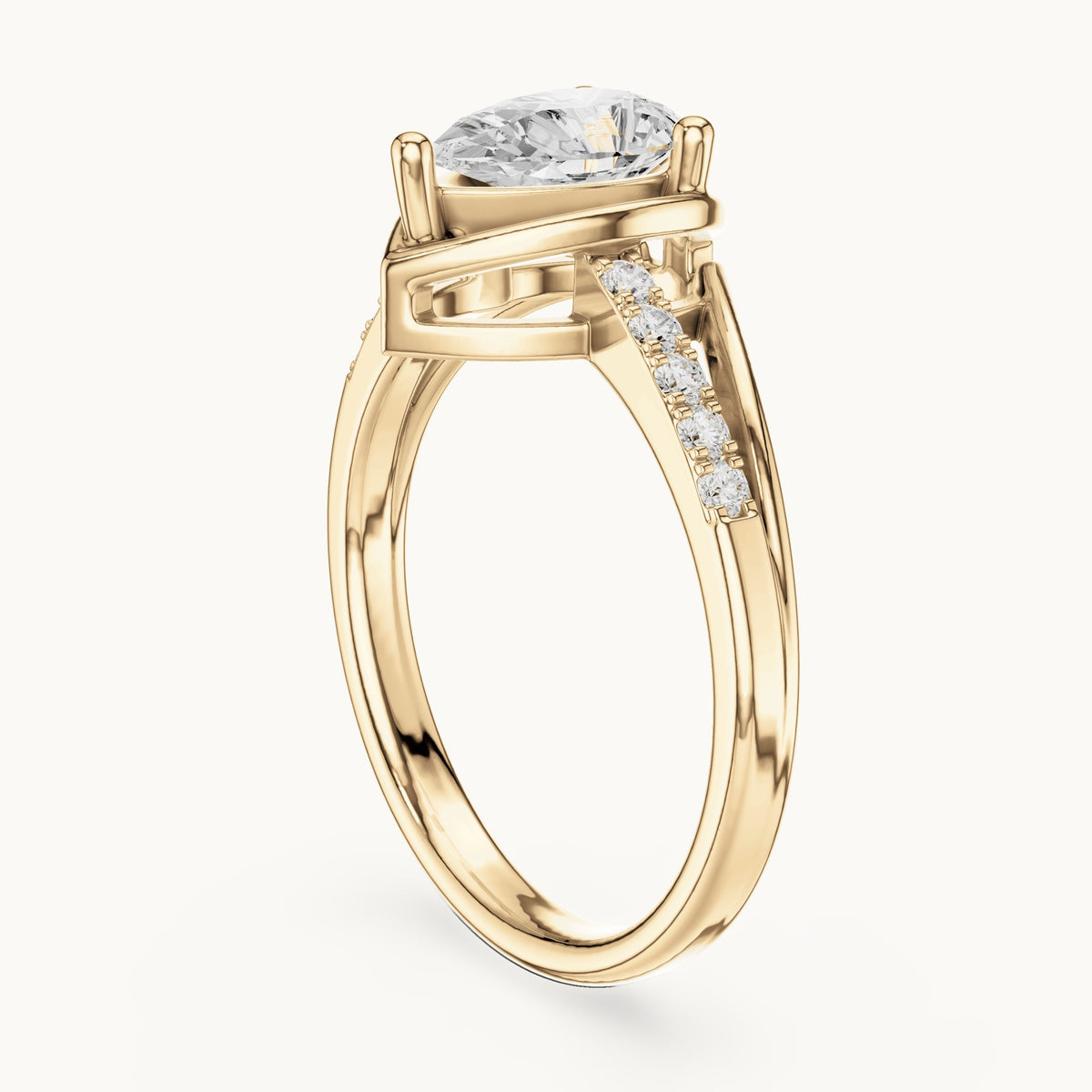 Pear lab-grown diamond bezel-set engagement ring with pavé band in yellow gold, 0.90 CT TW, view 1