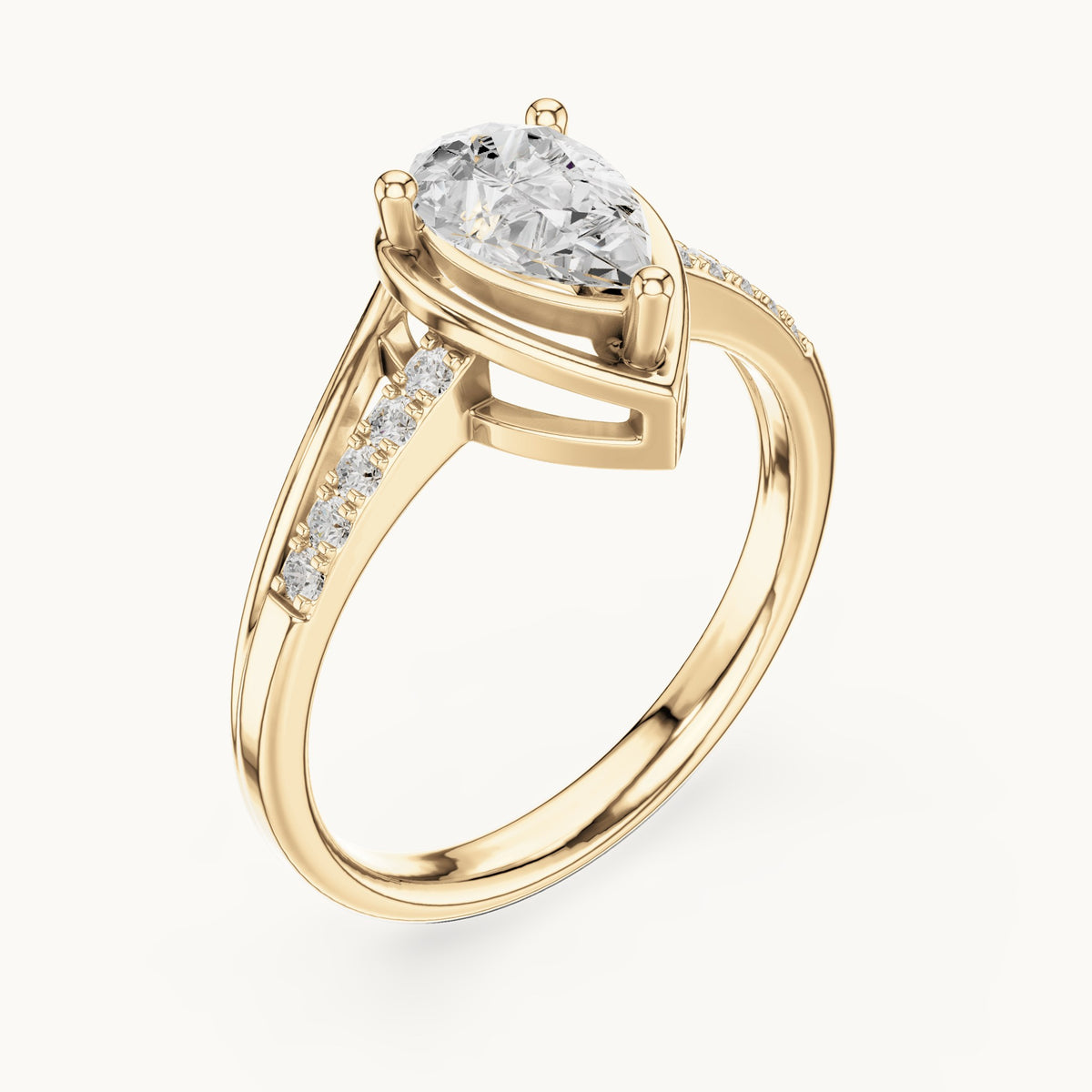 Pear lab-grown diamond bezel-set engagement ring with pavé band in yellow gold, 0.90 CT TW, view 2