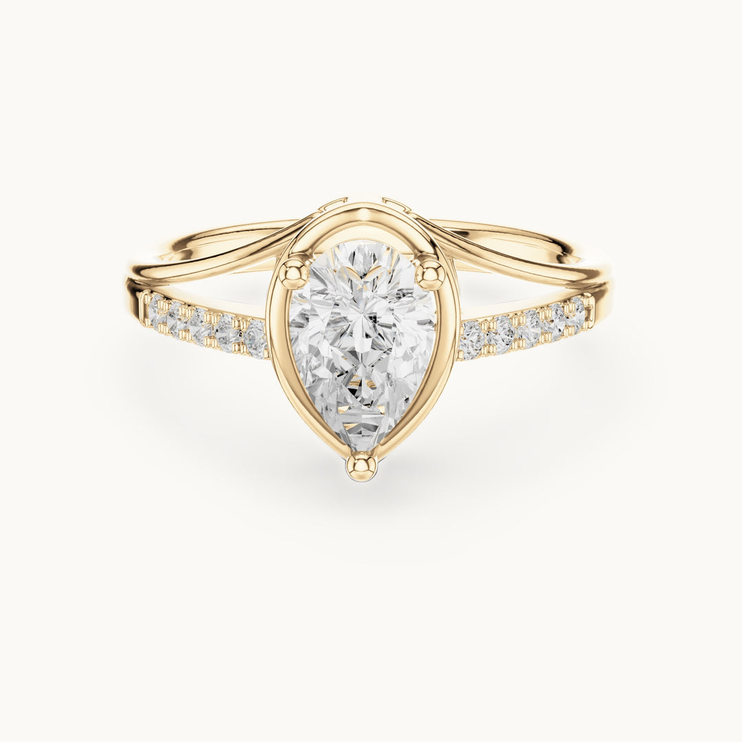 Pear lab-grown diamond bezel-set engagement ring with pavé band in yellow gold, 0.90 CT TW, view 4