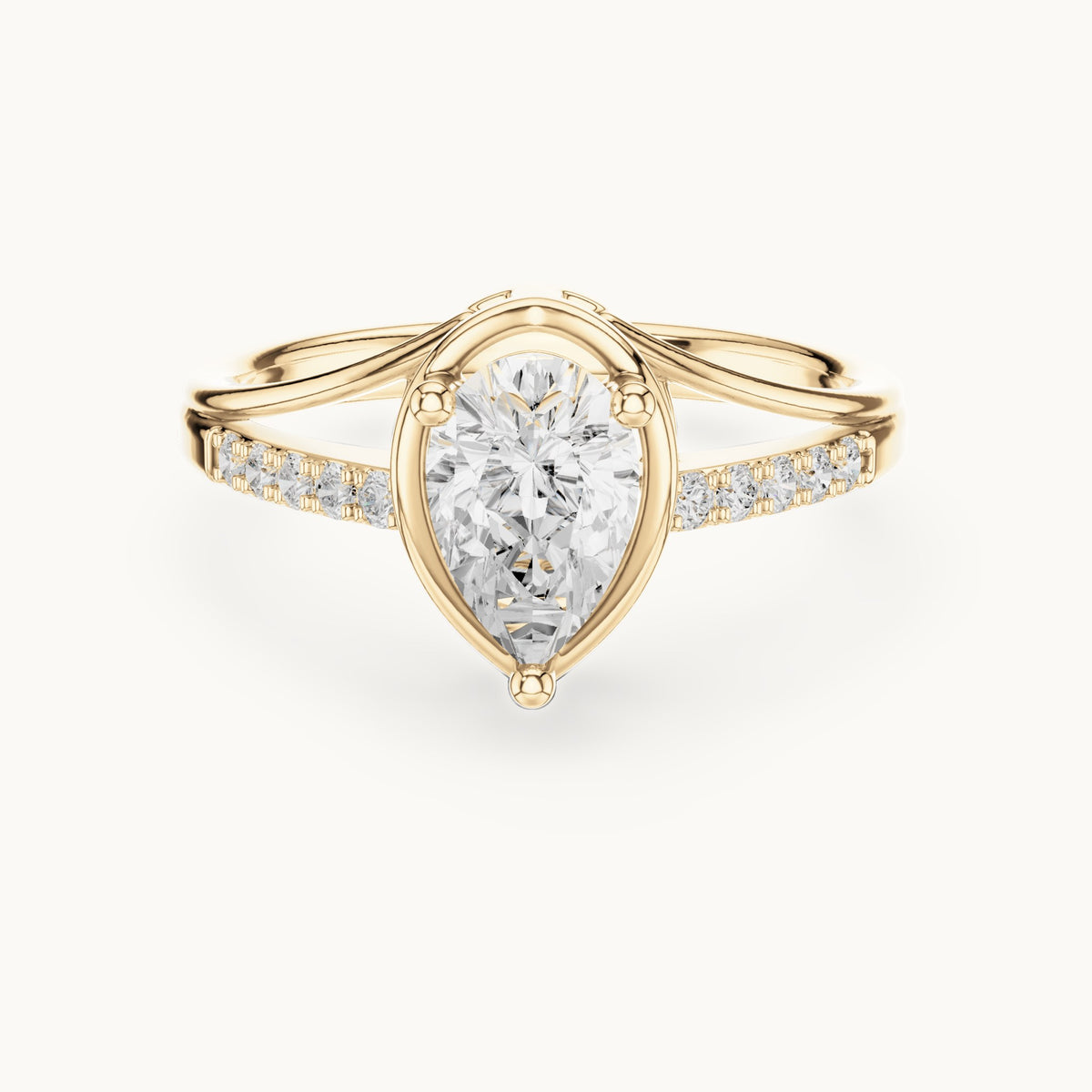 Pear lab-grown diamond bezel-set engagement ring with pavé band in yellow gold, 0.90 CT TW, view 4
