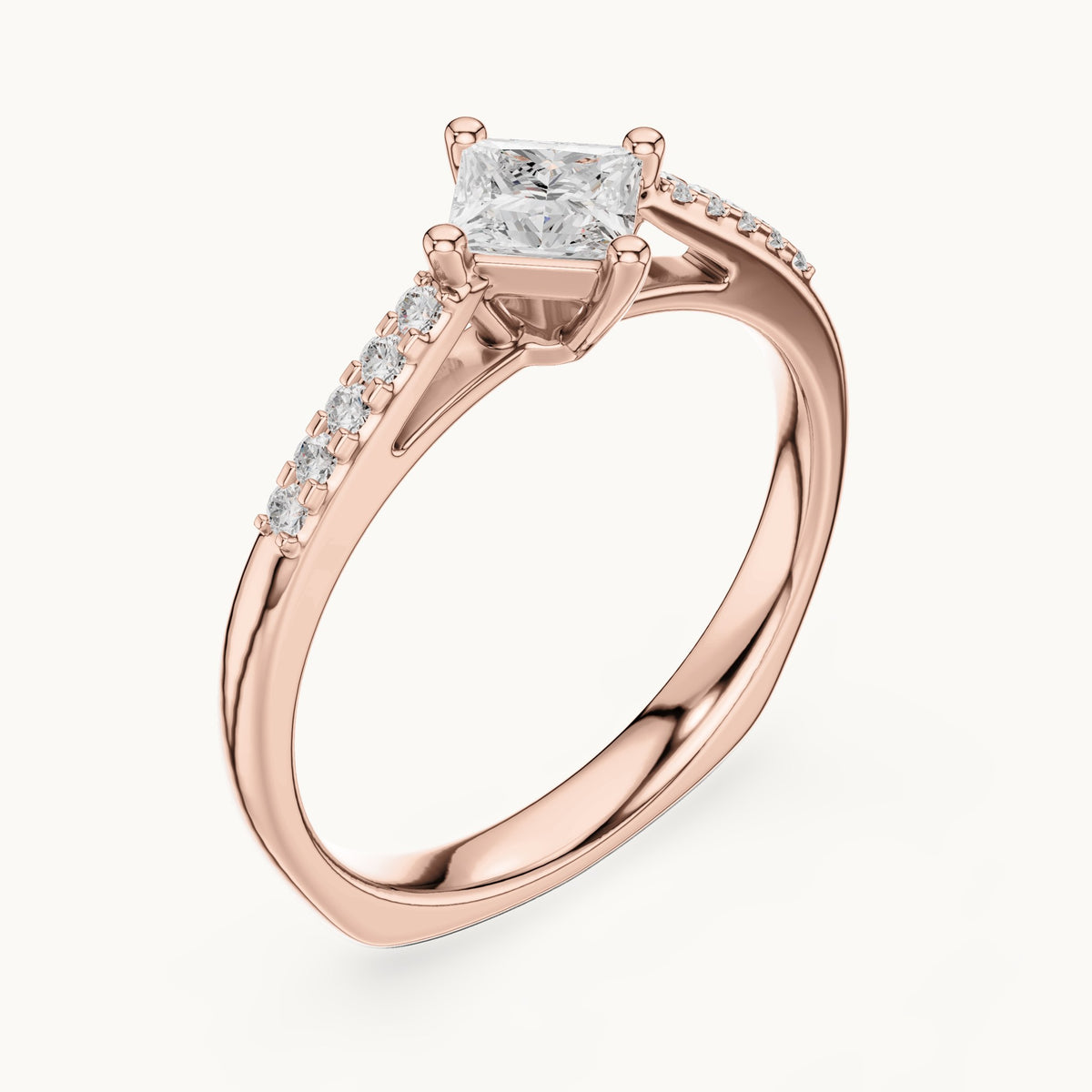 Princess-cut lab-grown diamond compass set engagement ring with pavé shoulders in rose gold, 0.39 CT TW, view 2