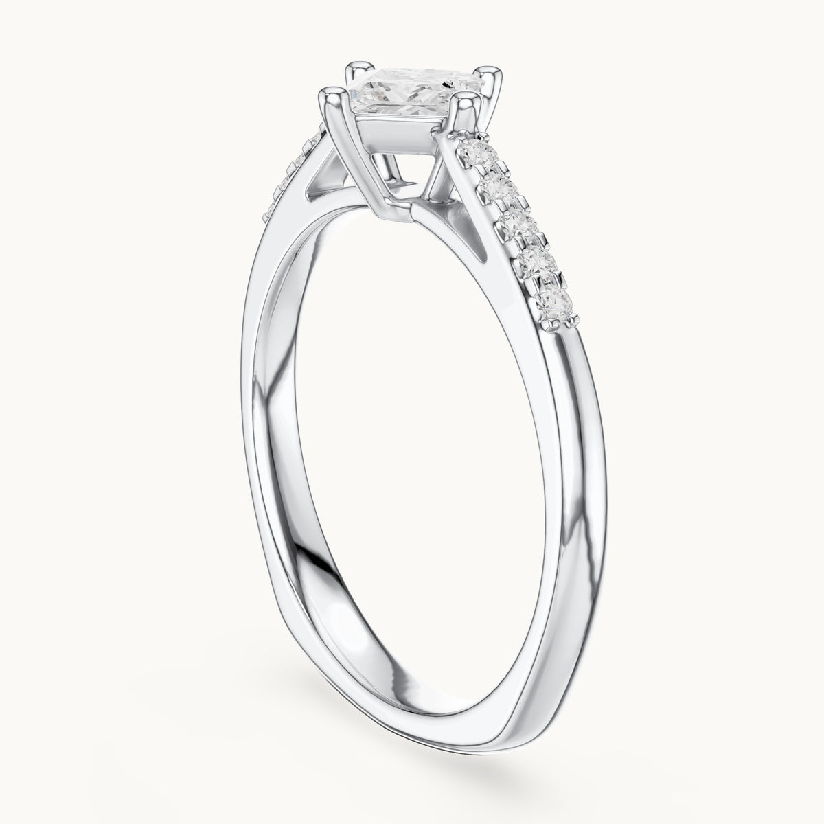 Princess-cut lab-grown diamond compass set engagement ring with pavé shoulders in white gold, 0.39 CT TW, view 1