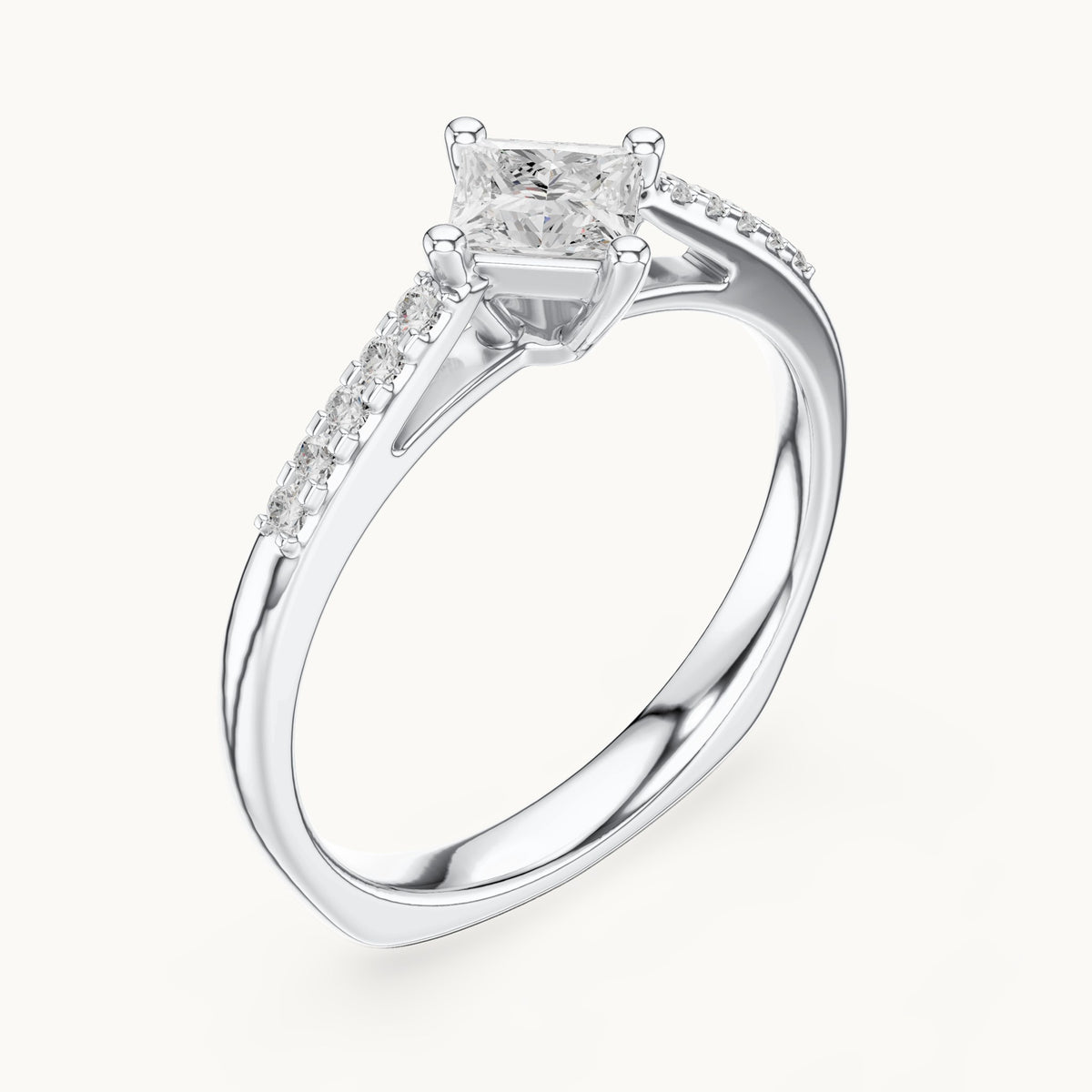Princess-cut lab-grown diamond compass set engagement ring with pavé shoulders in white gold, 0.39 CT TW, view 2