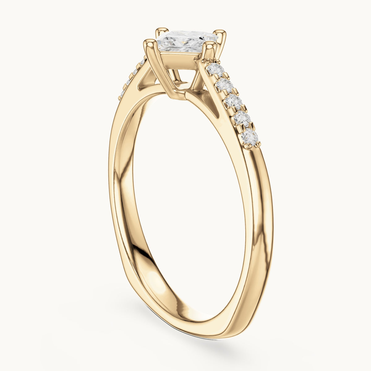 Princess-cut lab-grown diamond compass set engagement ring with pavé shoulders in yellow gold, 0.39 CT TW, view 1