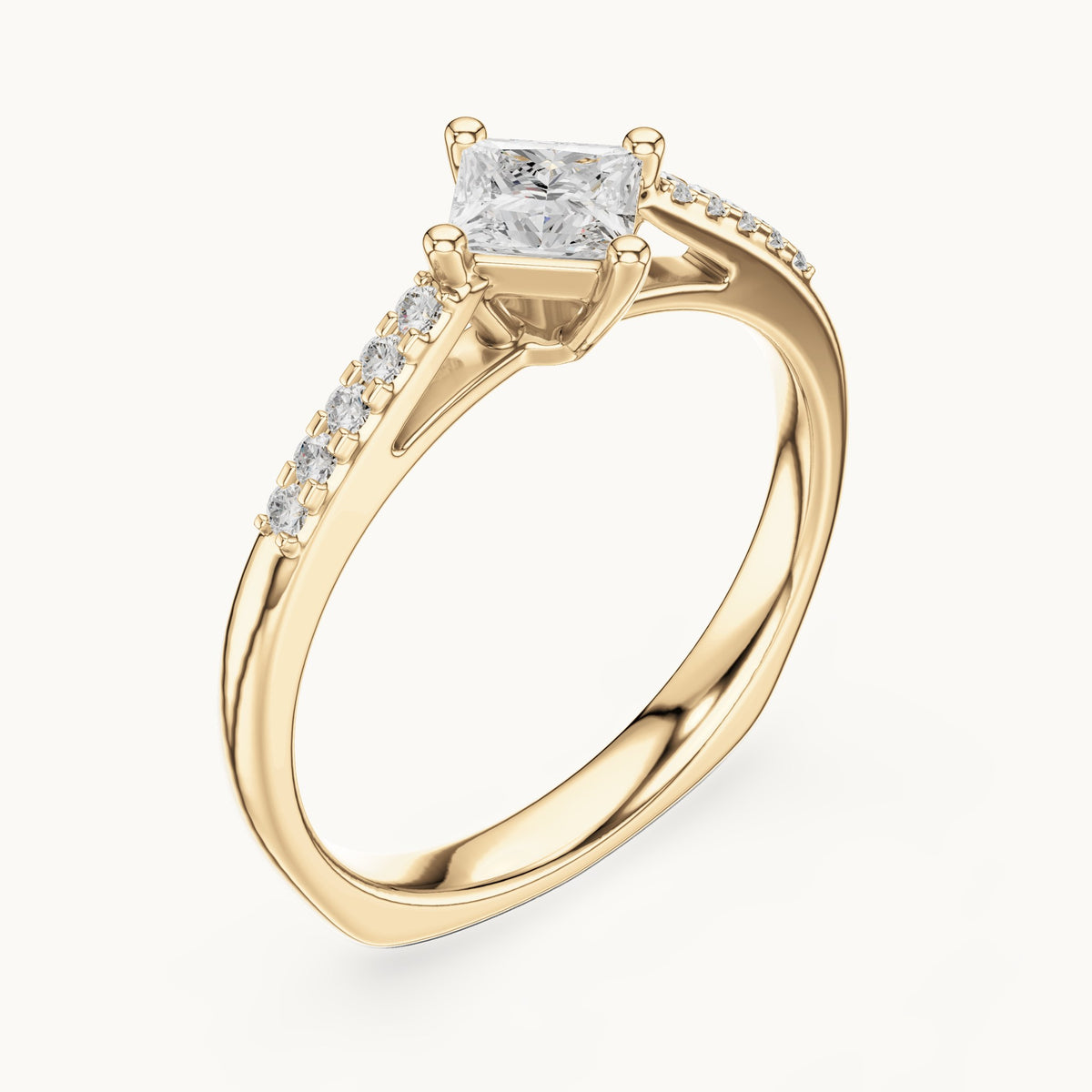 Princess-cut lab-grown diamond compass set engagement ring with pavé shoulders in yellow gold, 0.39 CT TW, view 2