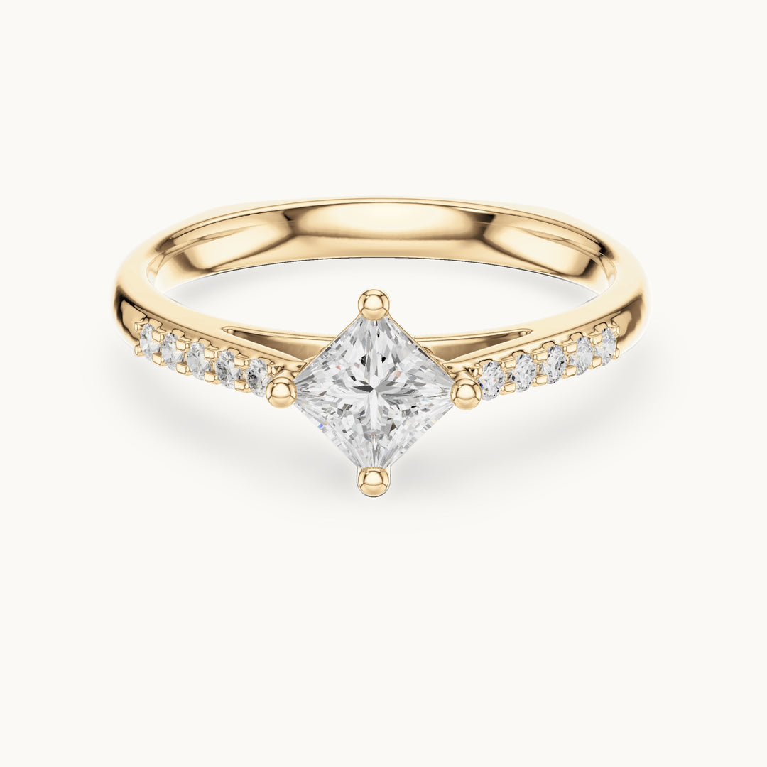 Princess-cut lab-grown diamond compass set engagement ring with pavé shoulders in yellow gold, 0.39 CT TW, view 4