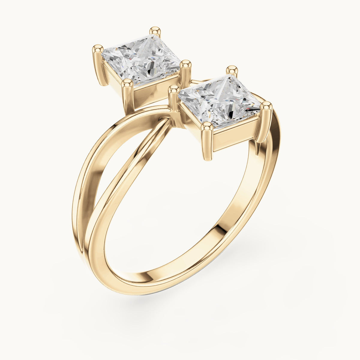 Princess-cut lab-grown diamond crossover toi et moi ring in yellow gold, 1.28 CT TW, view 2