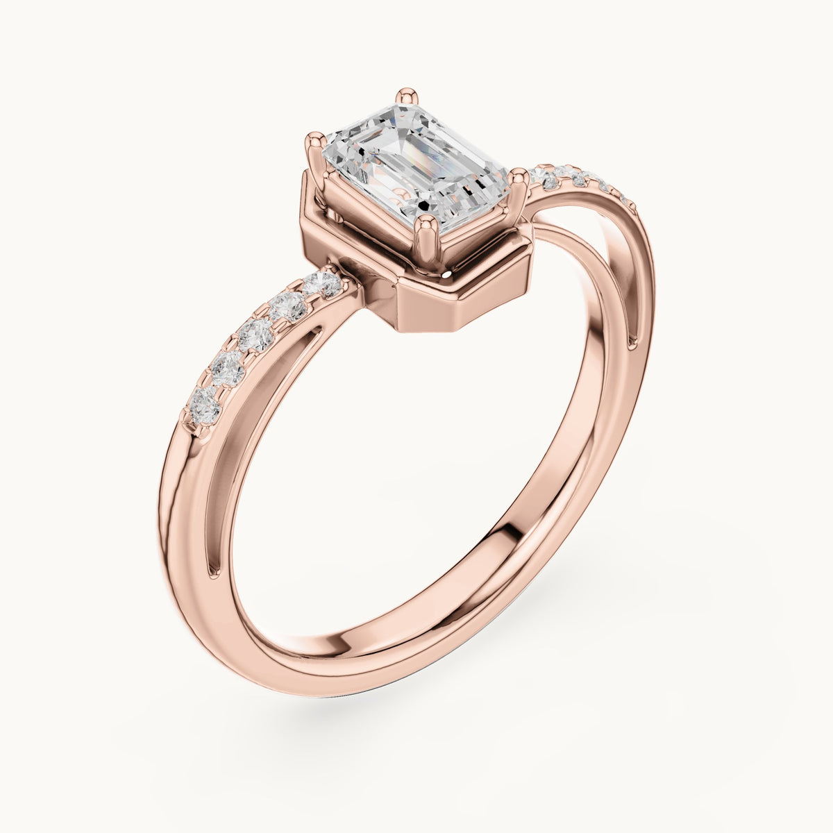 Emerald-cut lab-grown diamond geometric frame engagement ring in rose gold, 0.69 CT TW, view 2