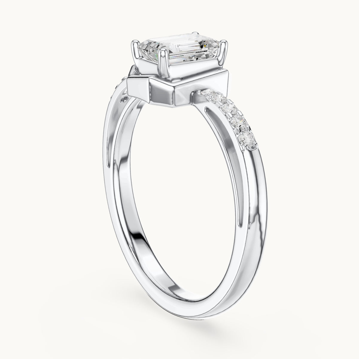 Emerald-cut lab-grown diamond geometric frame engagement ring in white gold, 0.69 CT TW, view 1