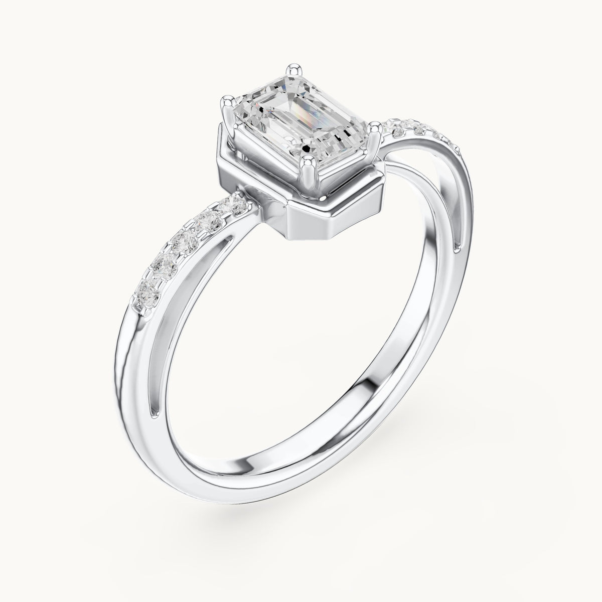 Emerald-cut lab-grown diamond geometric frame engagement ring in white gold, 0.69 CT TW, view 2