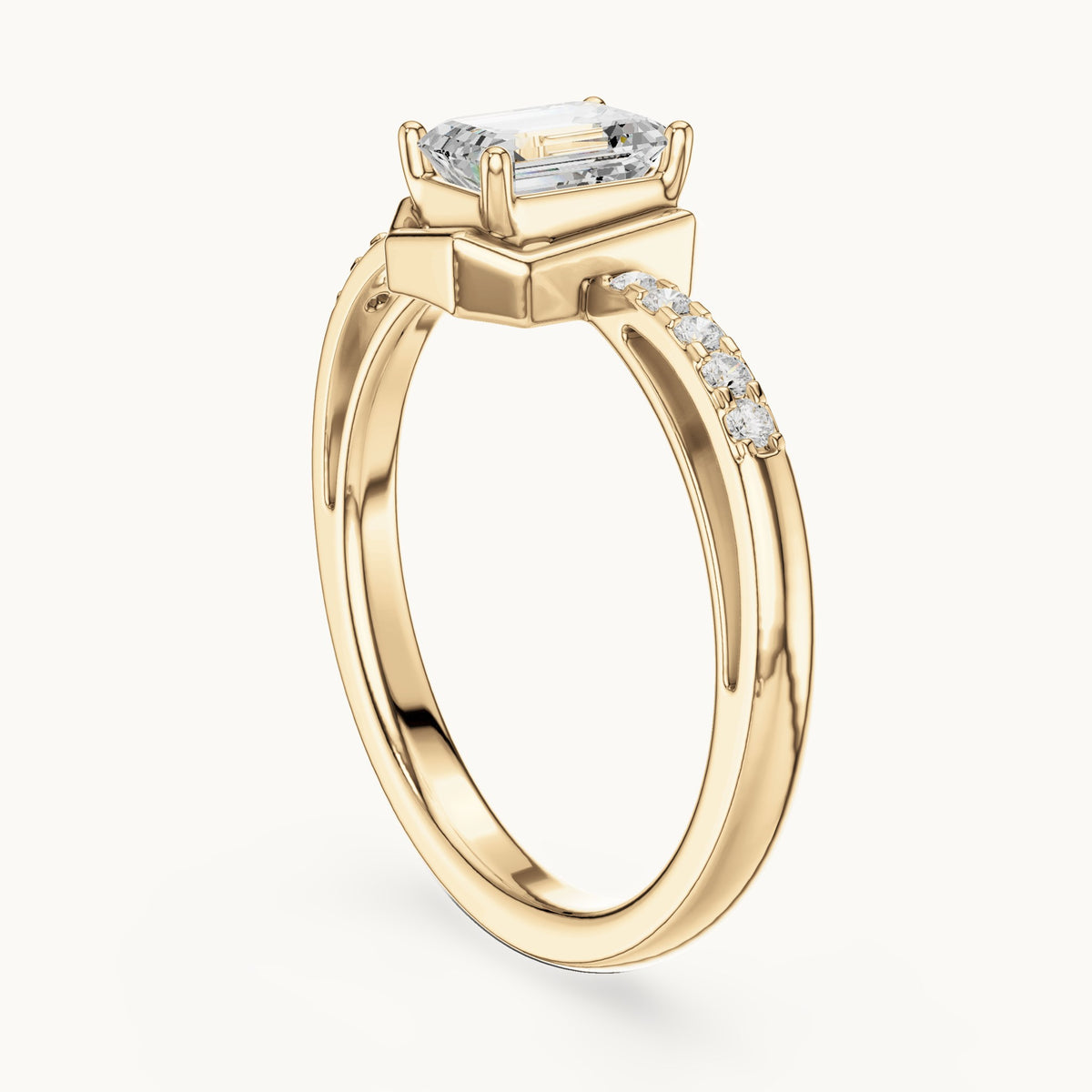 Emerald-cut lab-grown diamond geometric frame engagement ring in yellow gold, 0.69 CT TW, view 1