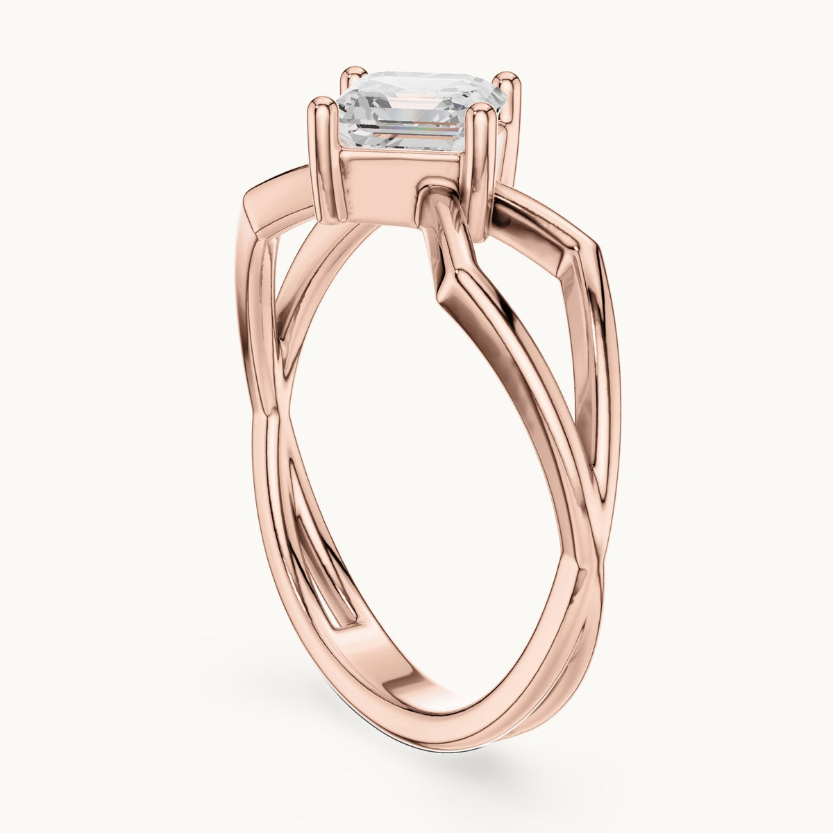 Square emerald-cut lab-grown diamond kite-set engagement ring with open band in rose gold, 0.88 CT TW, view 1