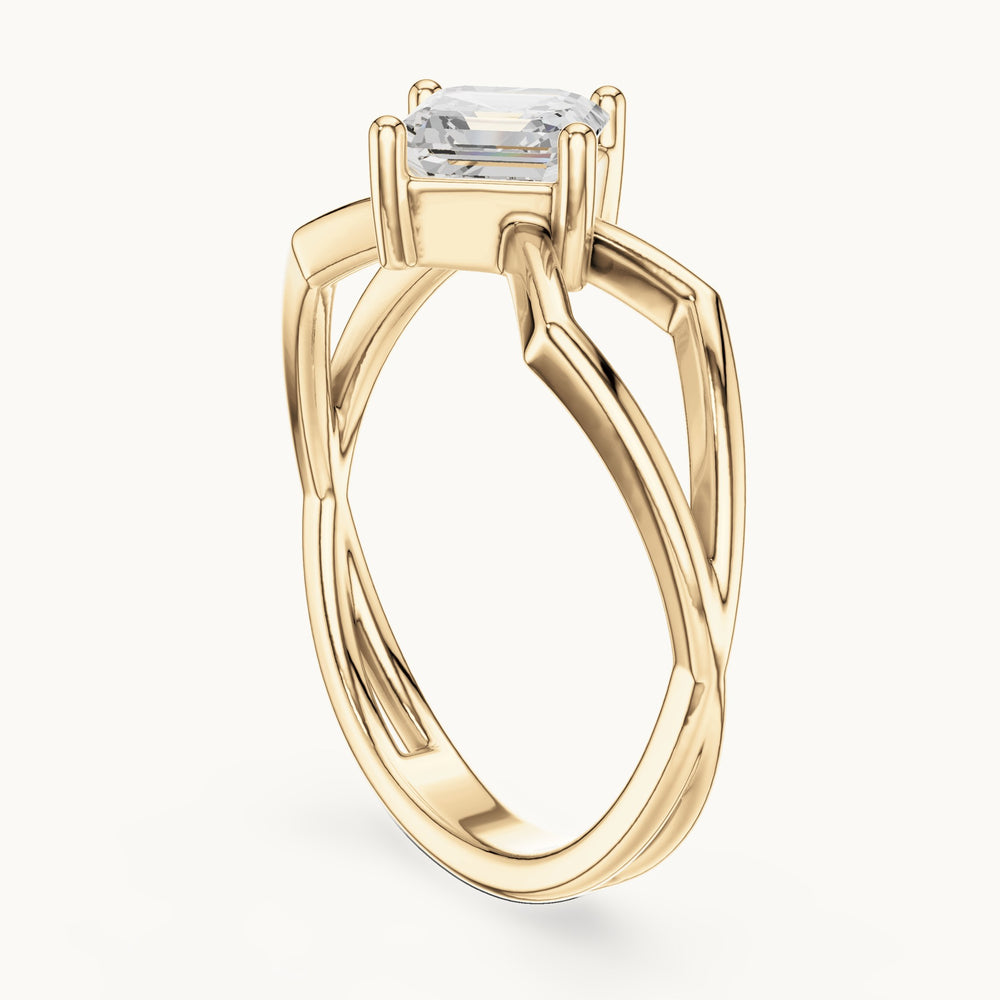 Square emerald-cut lab-grown diamond kite-set engagement ring with open band in yellow gold, 0.88 CT TW, view 1