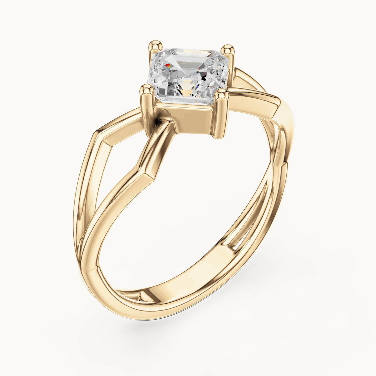 Square emerald-cut lab-grown diamond kite-set engagement ring with open band in yellow gold, 0.88 CT TW, view 2