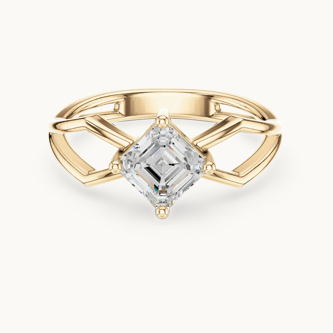 Square emerald-cut lab-grown diamond kite-set engagement ring with open band in yellow gold, 0.88 CT TW, view 4