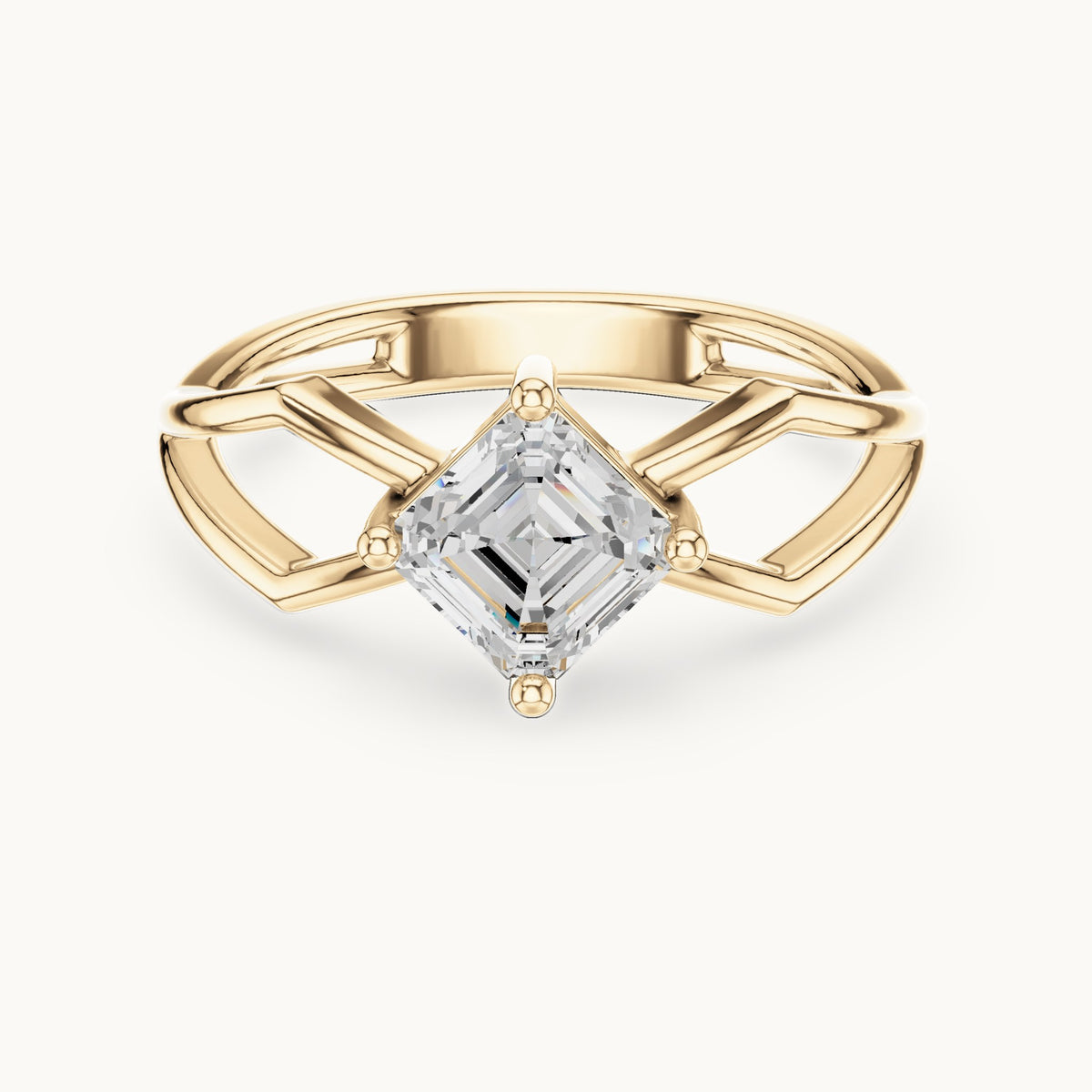 Square emerald-cut lab-grown diamond kite-set engagement ring with open band in yellow gold, 0.88 CT TW, view 4