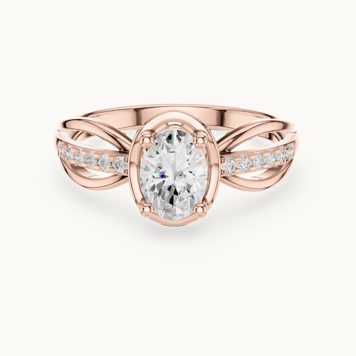 Oval lab-grown diamond crossover pavé engagement ring in rose gold, 0.79 CT TW, view 4