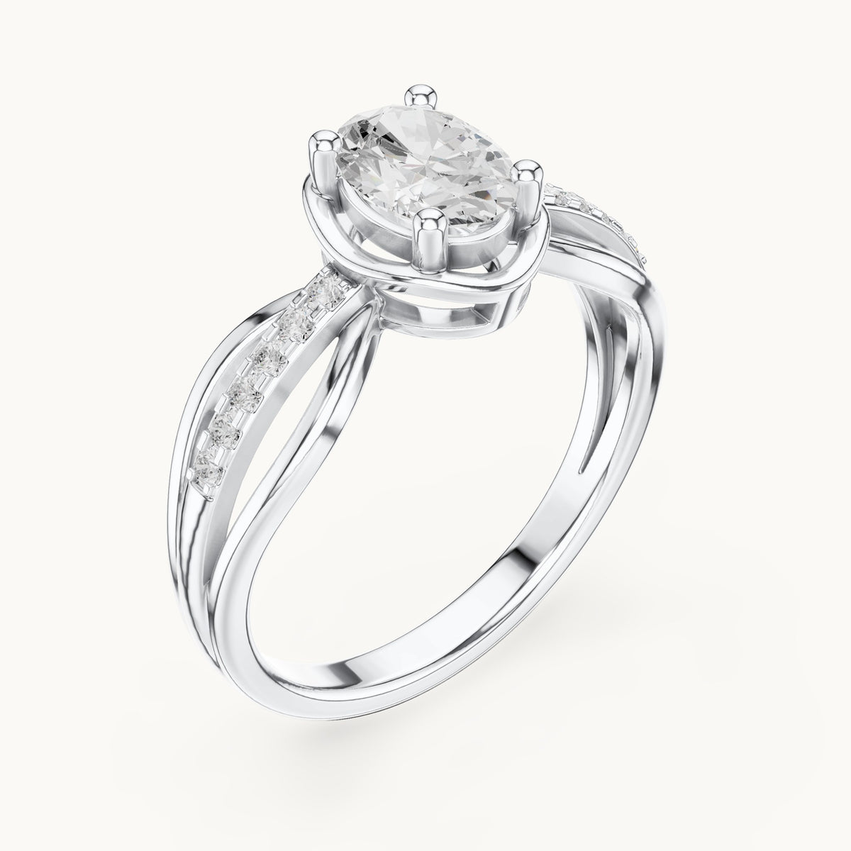Oval lab-grown diamond crossover pavé engagement ring in white gold, 0.79 CT TW, view 2