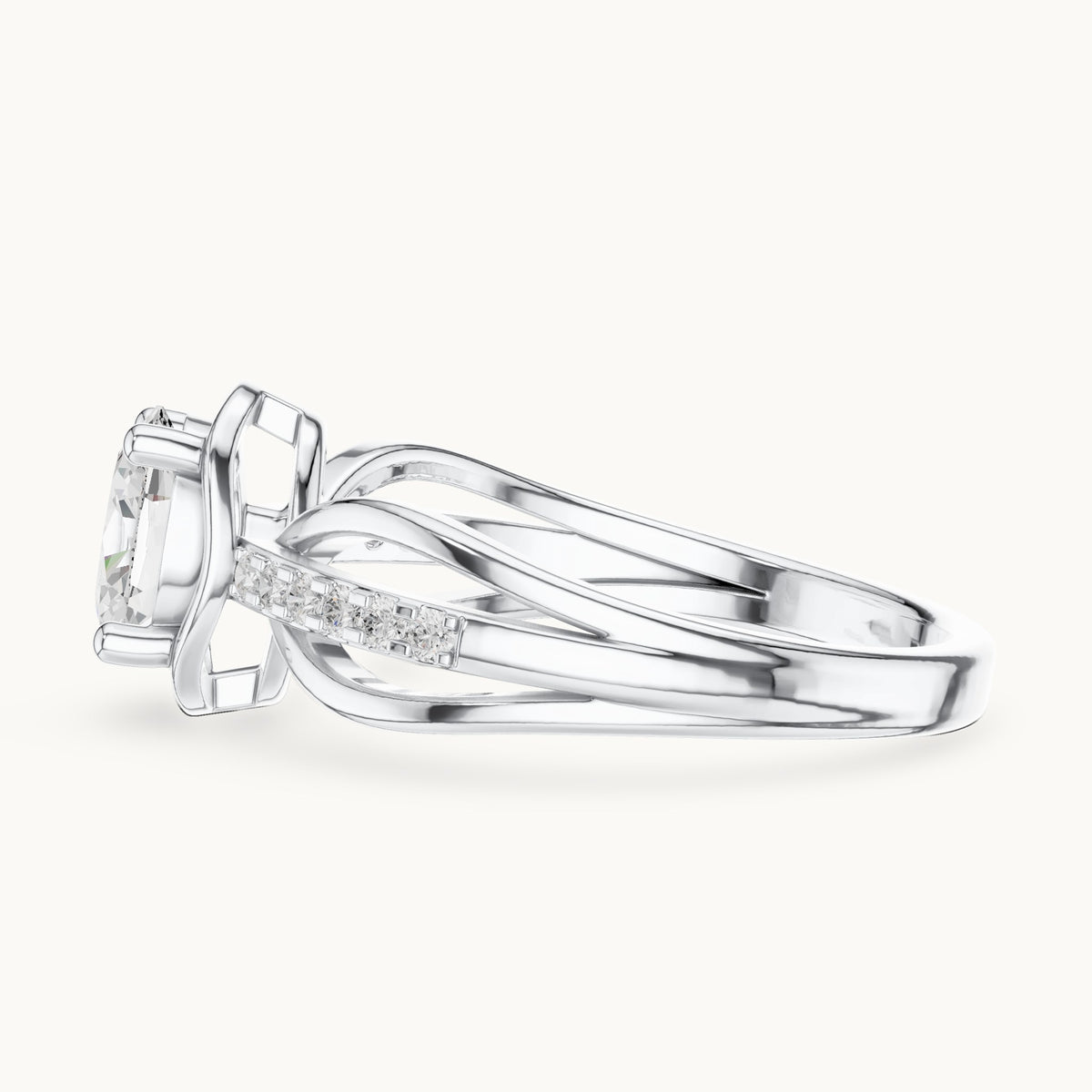 Oval lab-grown diamond crossover pavé engagement ring in white gold, 0.79 CT TW, view 3