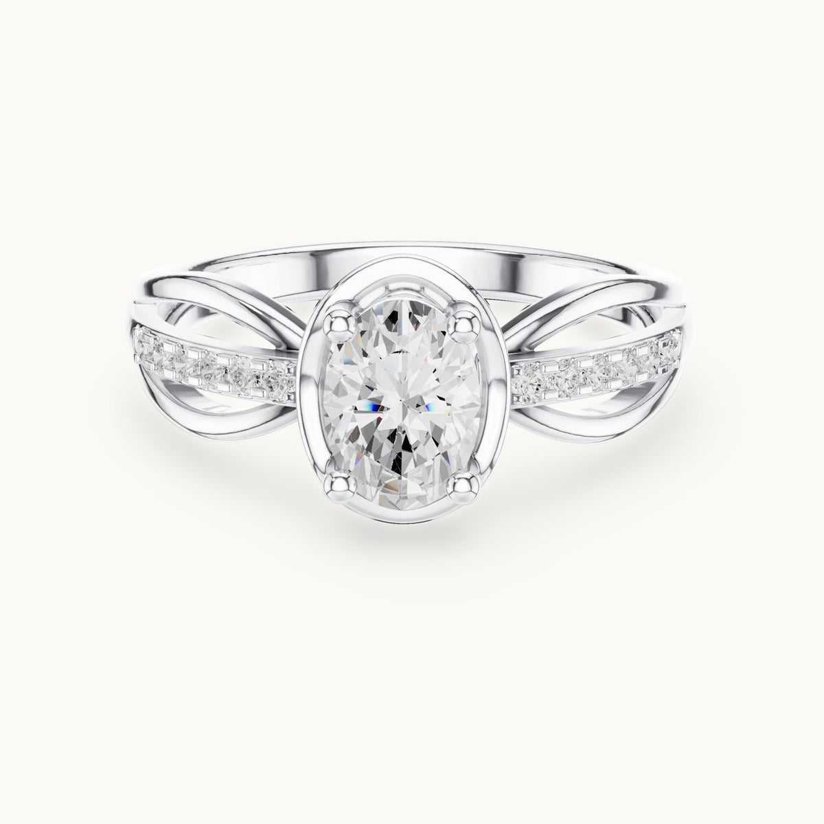 Oval lab-grown diamond crossover pavé engagement ring in white gold, 0.79 CT TW, view 4