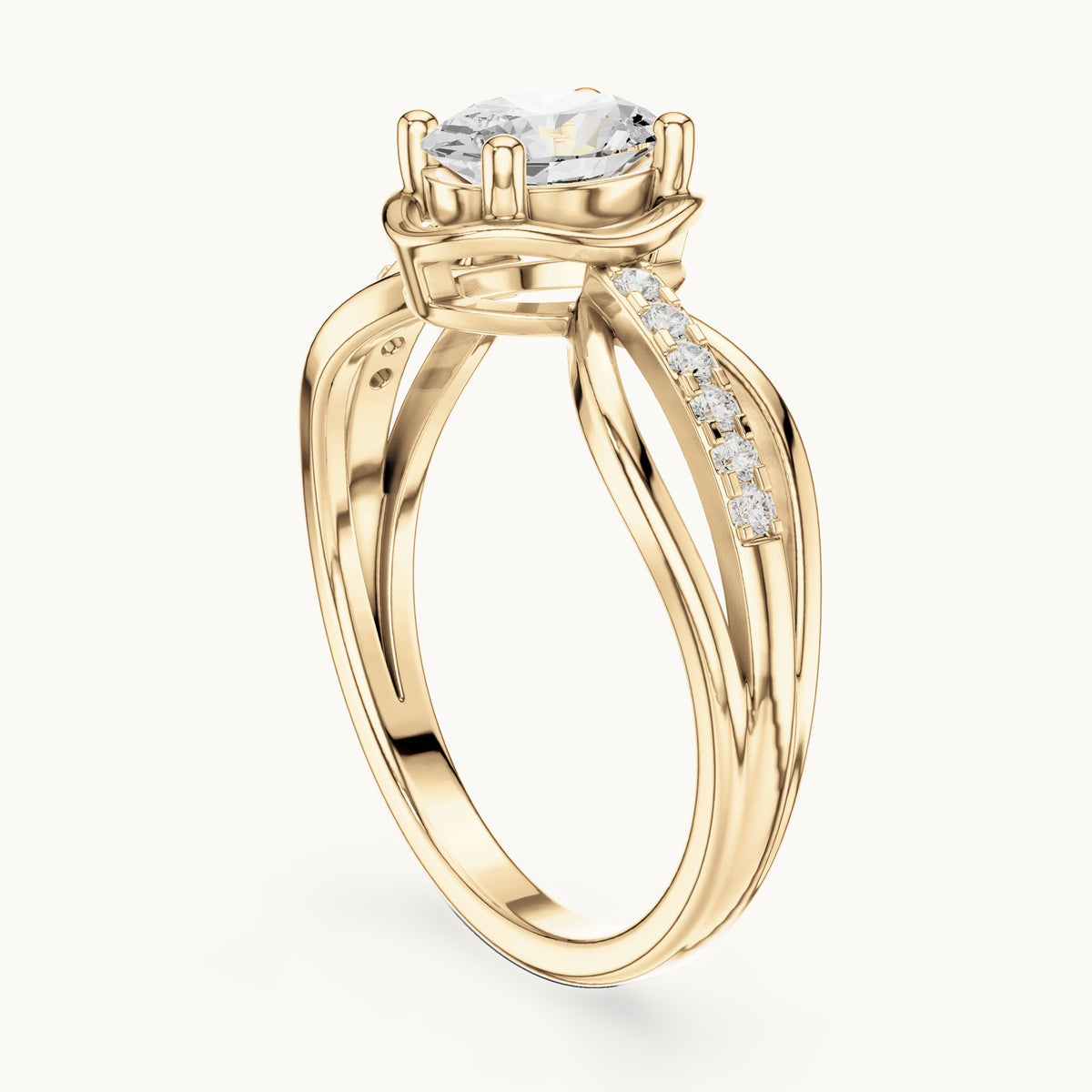 Oval lab-grown diamond crossover pavé engagement ring in yellow gold, 0.79 CT TW, view 1