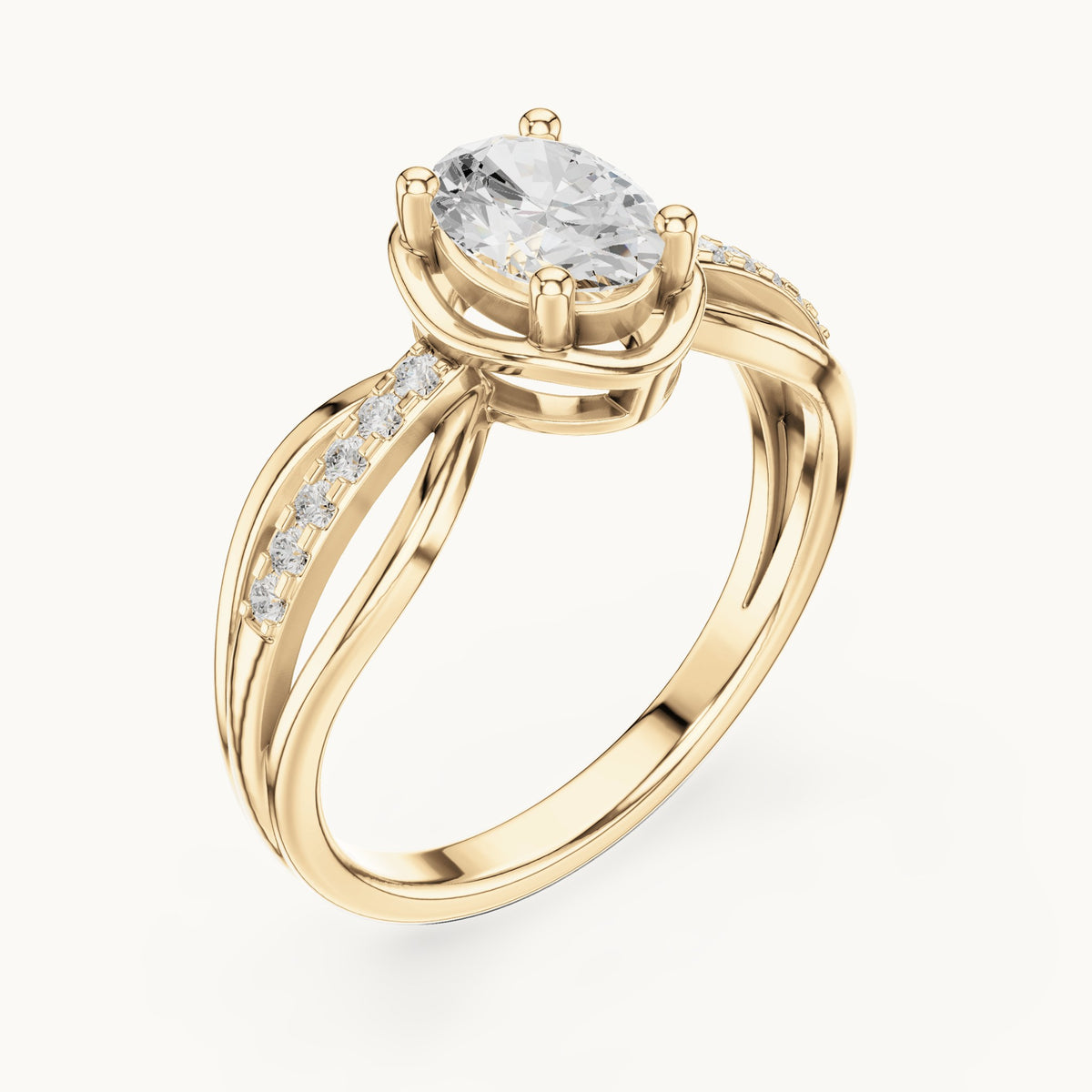 Oval lab-grown diamond crossover pavé engagement ring in yellow gold, 0.79 CT TW, view 2