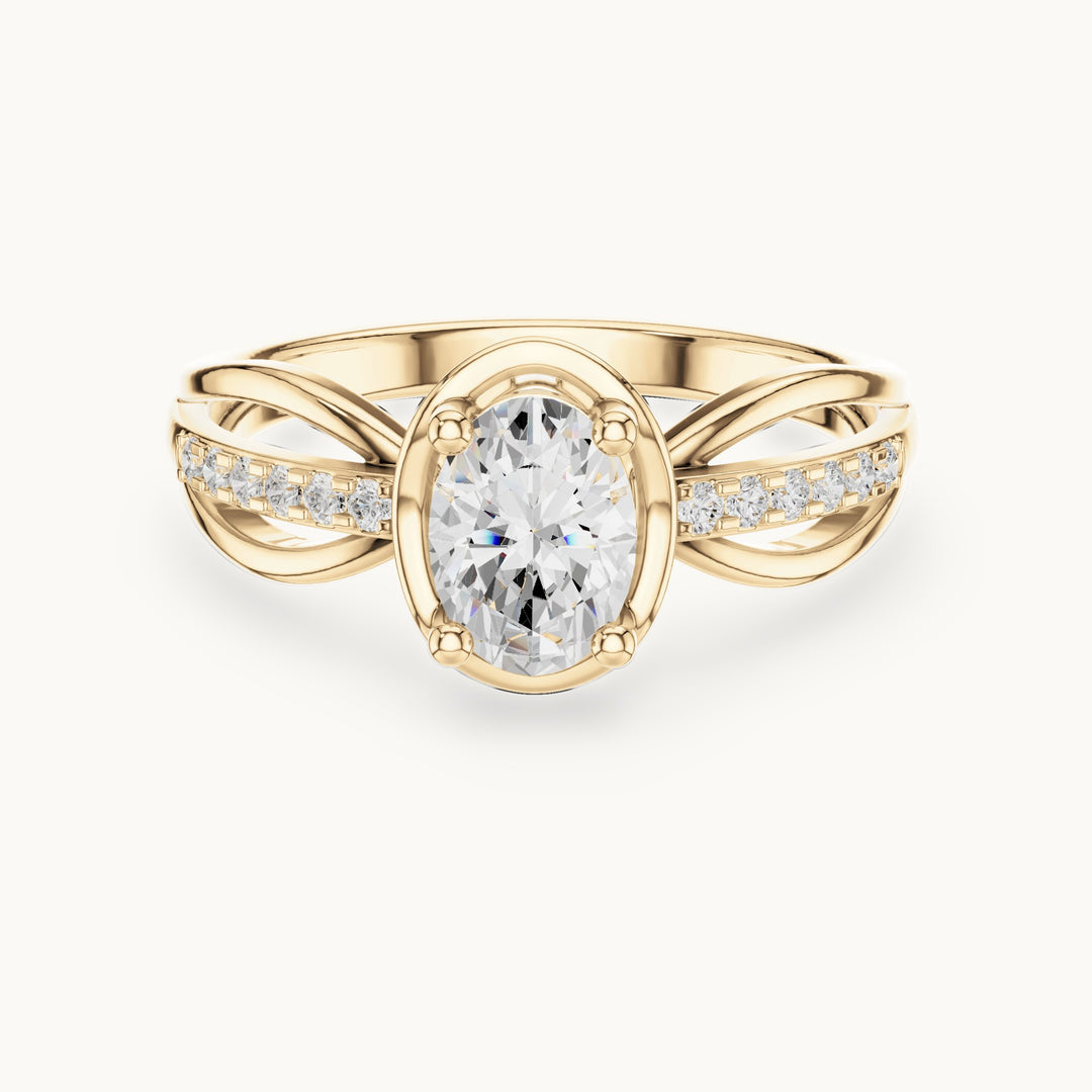 Oval lab-grown diamond crossover pavé engagement ring in yellow gold, 0.79 CT TW, view 4