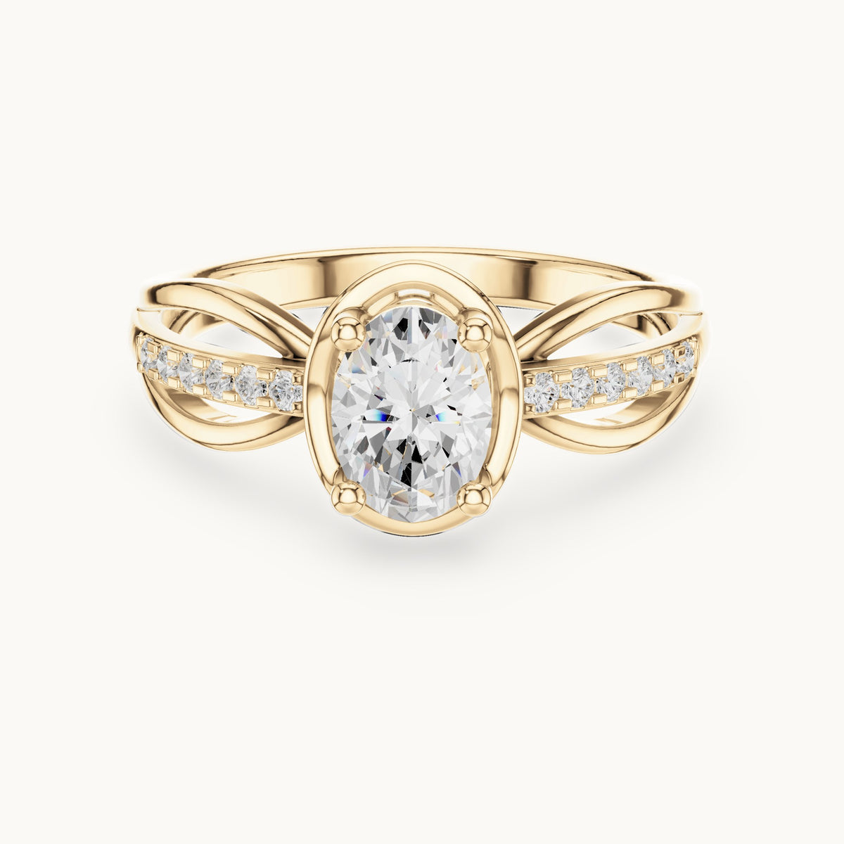 Oval lab-grown diamond crossover pavé engagement ring in yellow gold, 0.79 CT TW, view 4