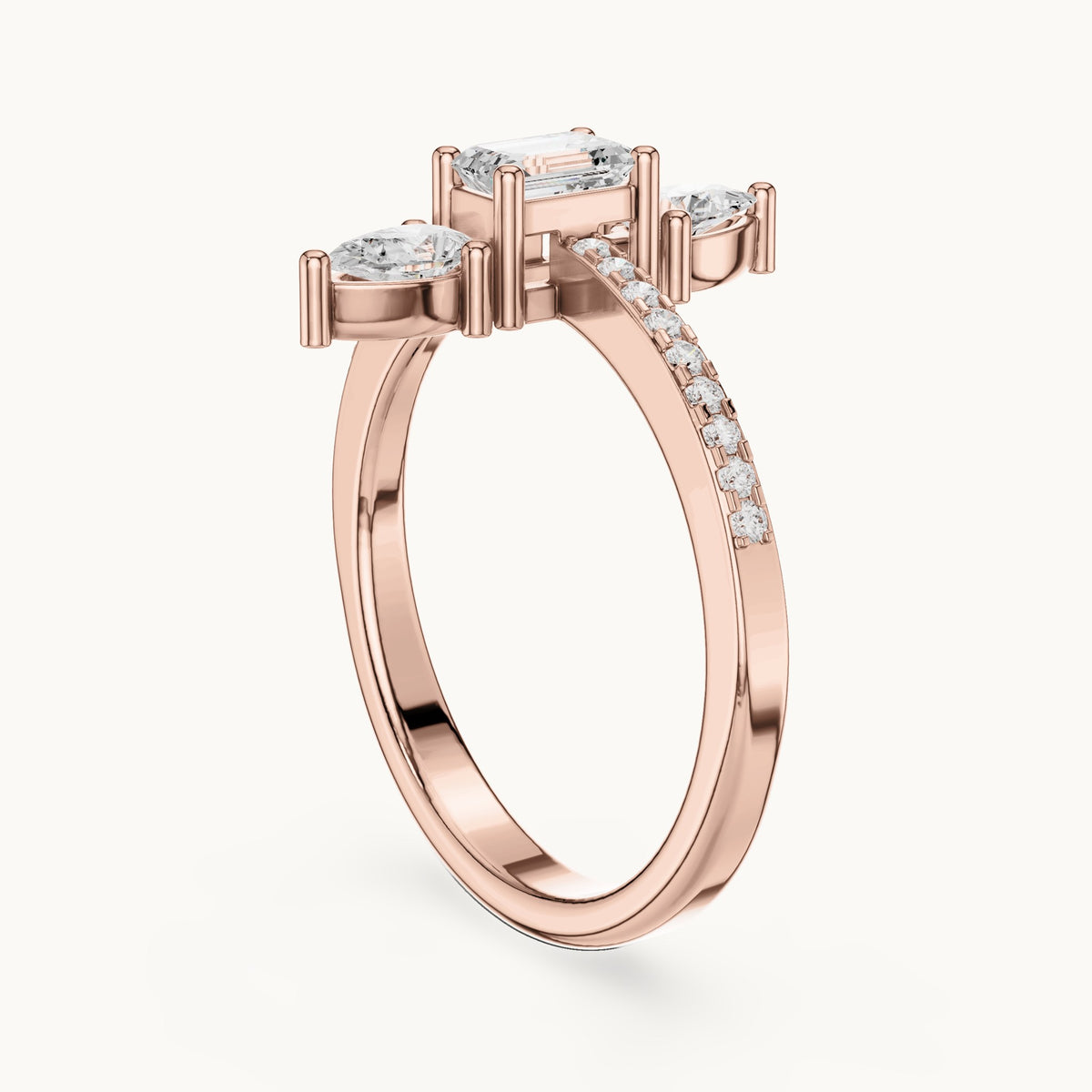 Emerald-cut and pear lab-grown diamond north-south three-stone ring in rose gold, 0.69 CT TW, view 1