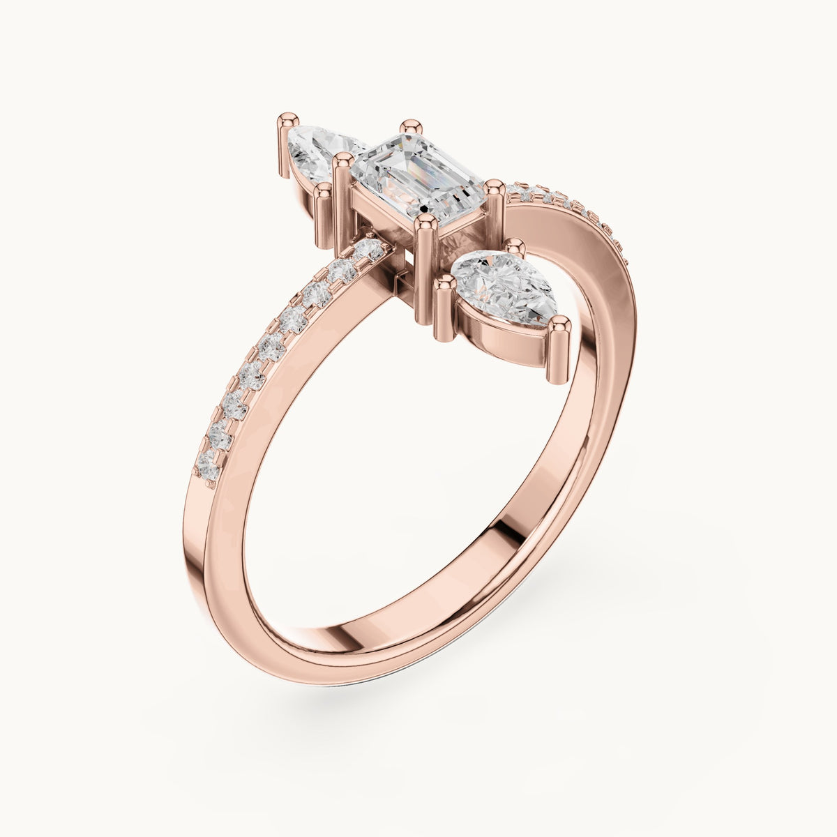 Emerald-cut and pear lab-grown diamond north-south three-stone ring in rose gold, 0.69 CT TW, view 2